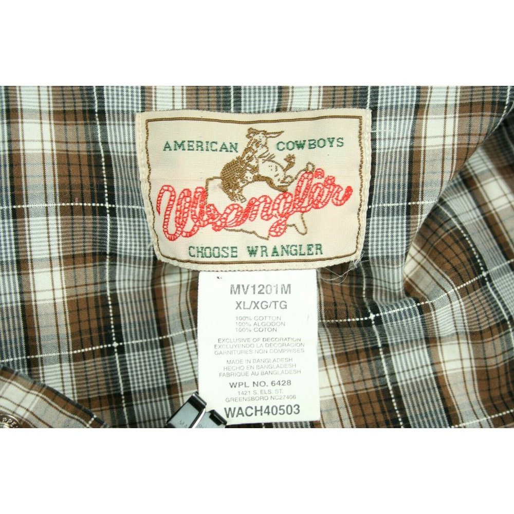 Wrangler Mens Sz XL Shirt Brown Western Plaid Marble Snap Stitch detail - Picture 9 of 10